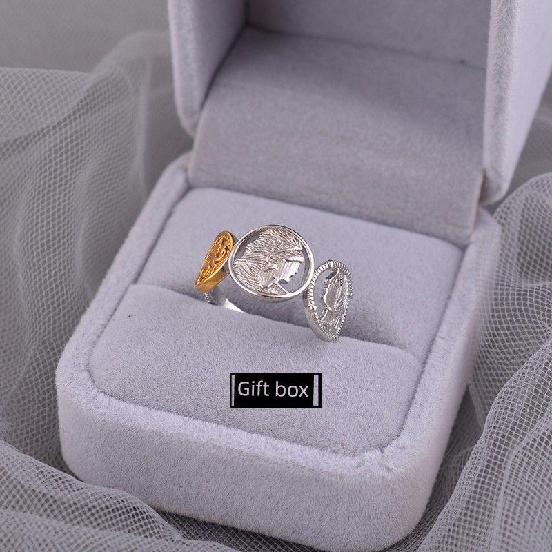 

925 Sterling Silver Ring Accessible Luxury Niche Gold Coin Female Contrast Color Vintage Ring Fashion Stylish Korean Ins Ornament Lettering Color matching Queen Head ring + velvet box