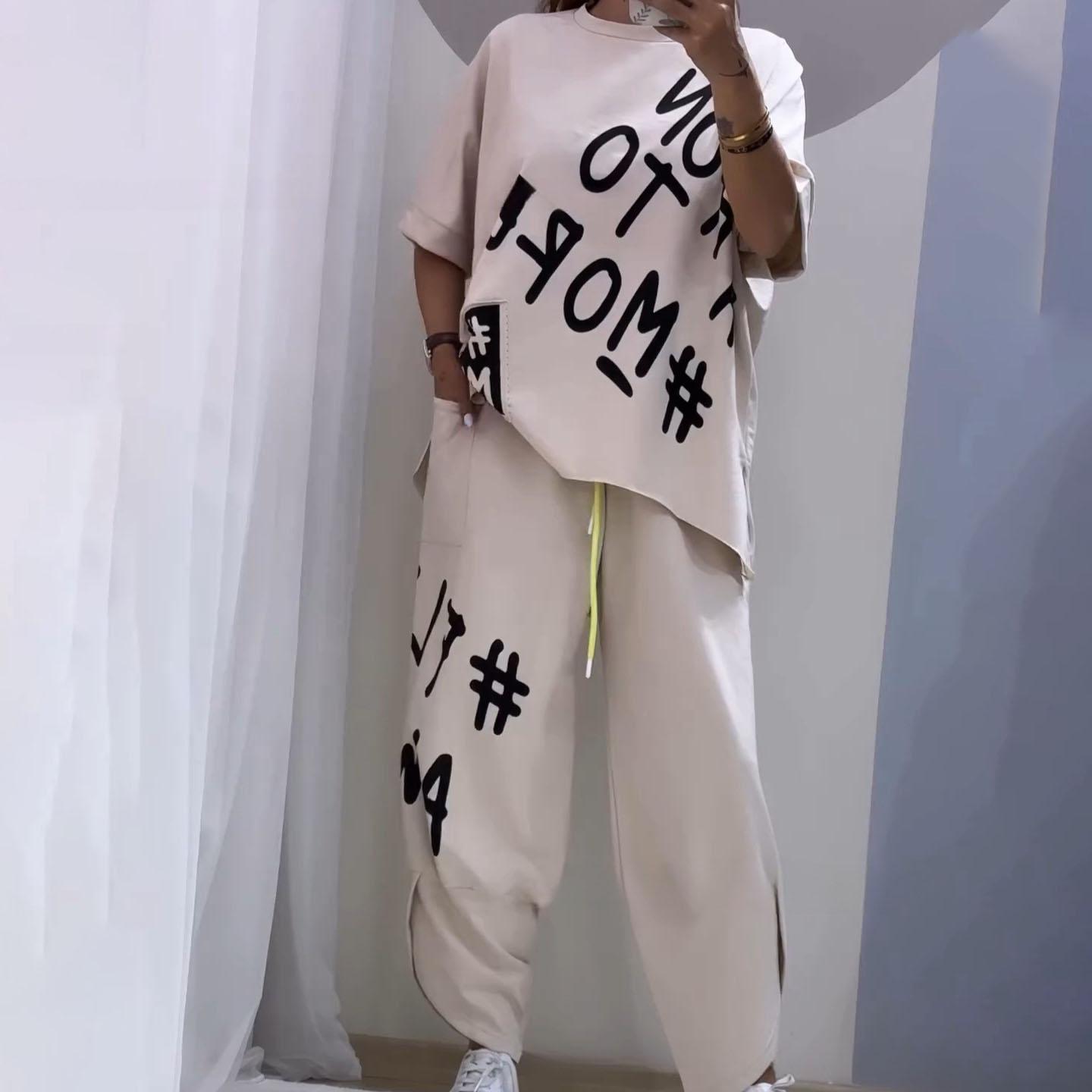 

Модный комплект из 2 предметов с буквенным принтом, женский спортивный костюм с длинным рукавом и круглым вырезом, модная футболка и брюки XXL хаки