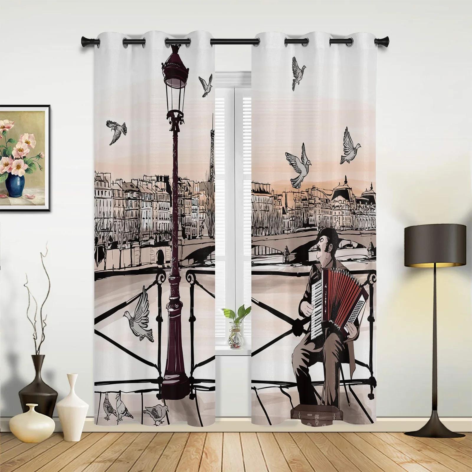 

France Paris Tower Air Balloon Retro Curtains Bedroom Living Room Drapes Kitchen Children Window Curtain Home Decor Polyester Washable Great Ready W100*H130(CM)-Grommet top&2PCS