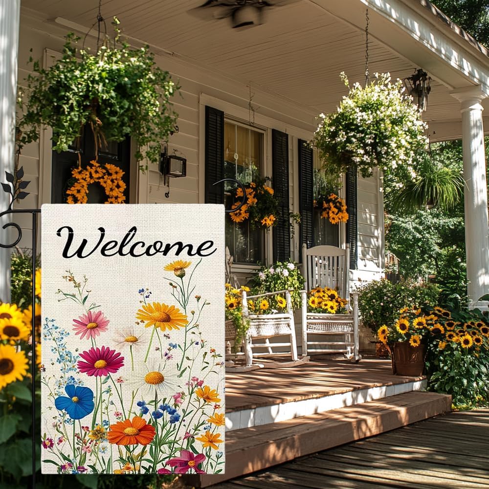 Spring Summer Daisy Garden Flag 12x18 Inch Double Sided, Colorful Floral Yard Decor, Welcome Farmhouse Outdoor Flag for Lawn