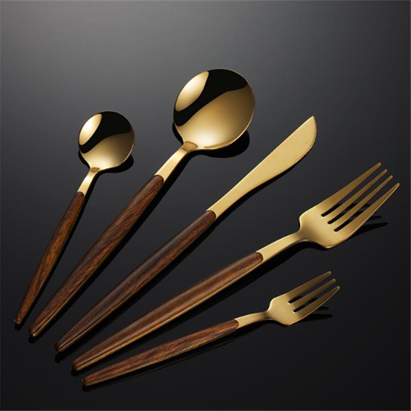 5PCS Stainless Steel Portuguese Tableware Sets Clip Wooden Handle Knife Fork Spoon Gold Cutlery Set Household Utensils for Kitch