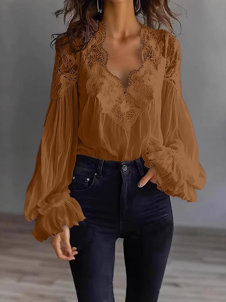 Women's Lace Patchwork Bubble Sleeve Ruffled Shirt