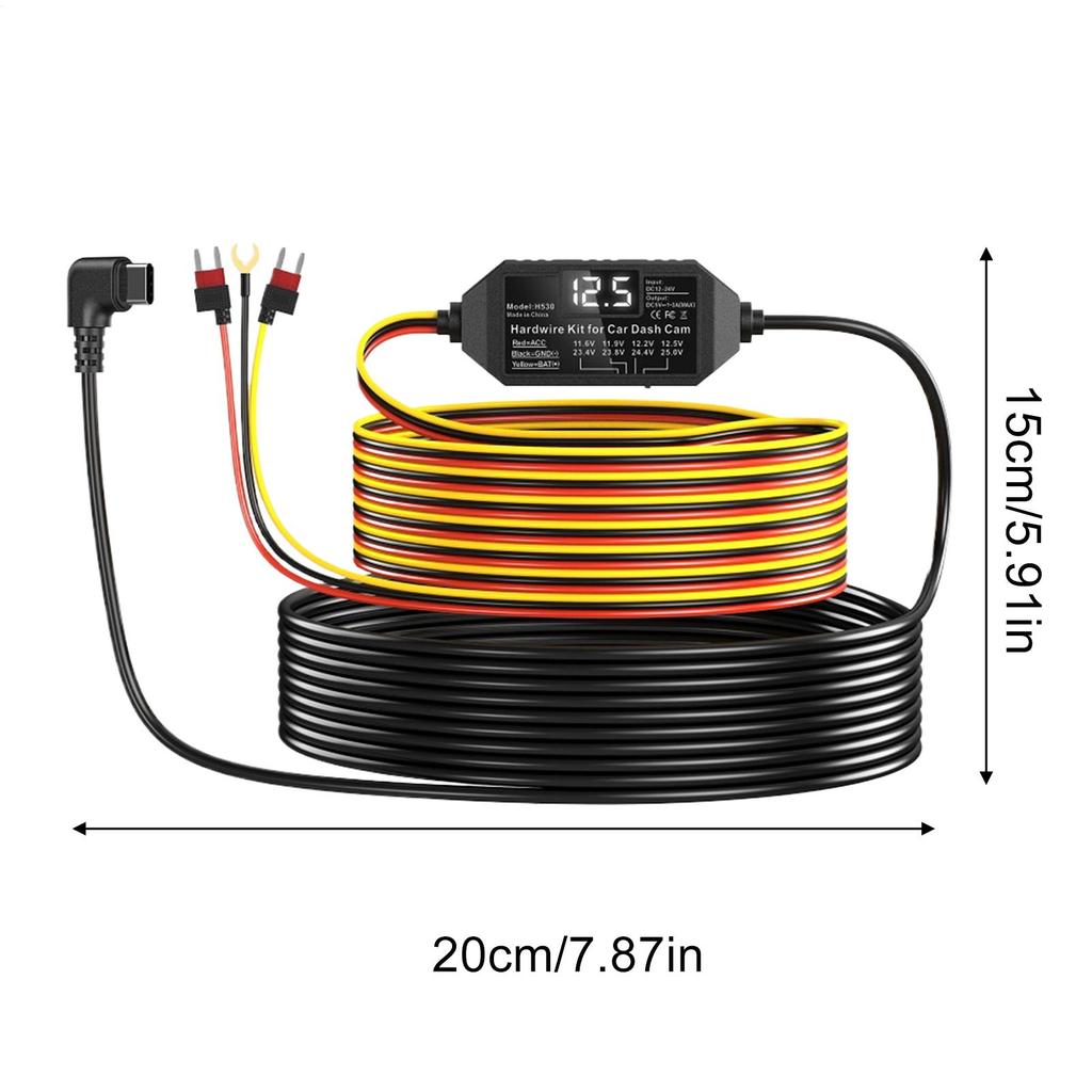 Dash Cam Cable 3-Lead Dash Cam Cord With Display Voltage Monitor Type C Hard Wire For Vehicle Safety Systems Electronics