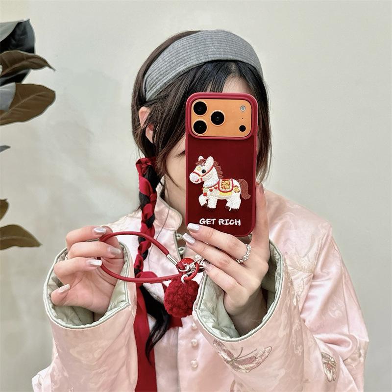 New Year Embroidered Fu Horse Lanyard for iPhone 17, 16 Pro Max, 15, 14 Case