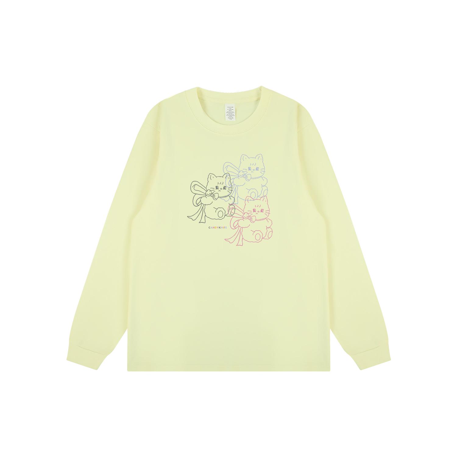 

2024 Trendy Korean Cartoon Cat Print Cotton Long Sleeve T-Shirt Double Extra Large