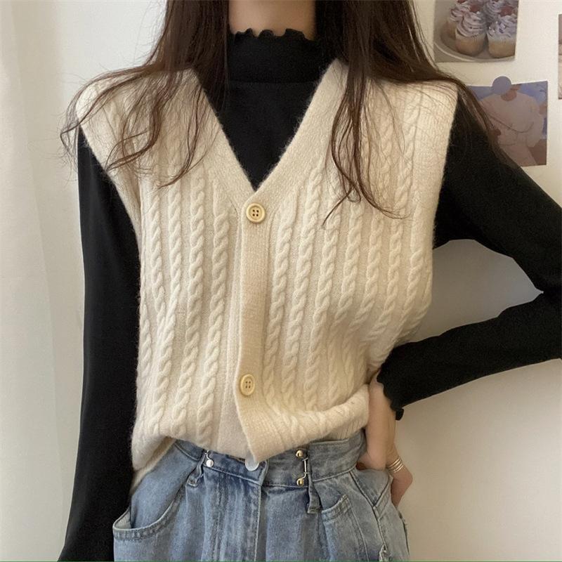 Korean Retro Cable Knit Vest Women V Neck Sweet Pastel Sleeveless Sweater Waistcoat Wholesale
