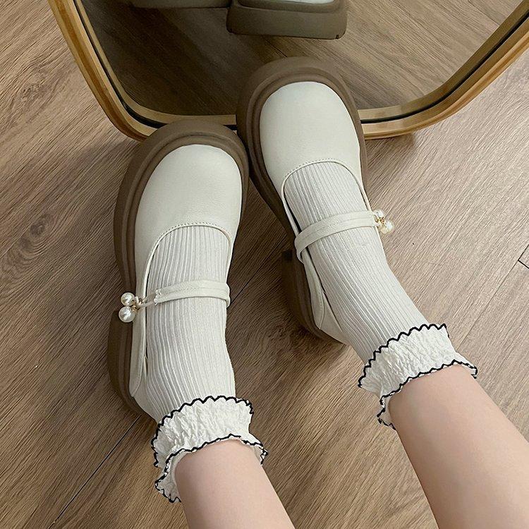 

Бежевые ретро туфли Мэри Джейн женские сто с неглубоким носком одинарные туфли с круглым носком, увеличивающие высоту туфель на толстой подошве 40 бежевый