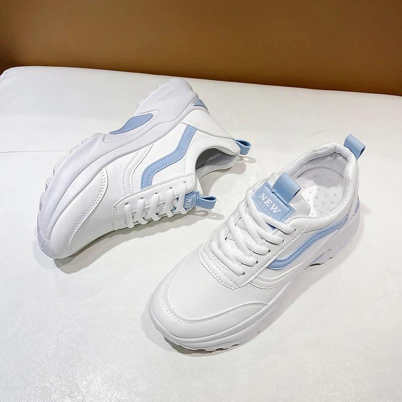 Casual Women Thick-soled Sneakers Fashion Spring Autumn Summer White Black PU Lace-up  Vulcanized Shoes Mesh Rubber Non-slip New