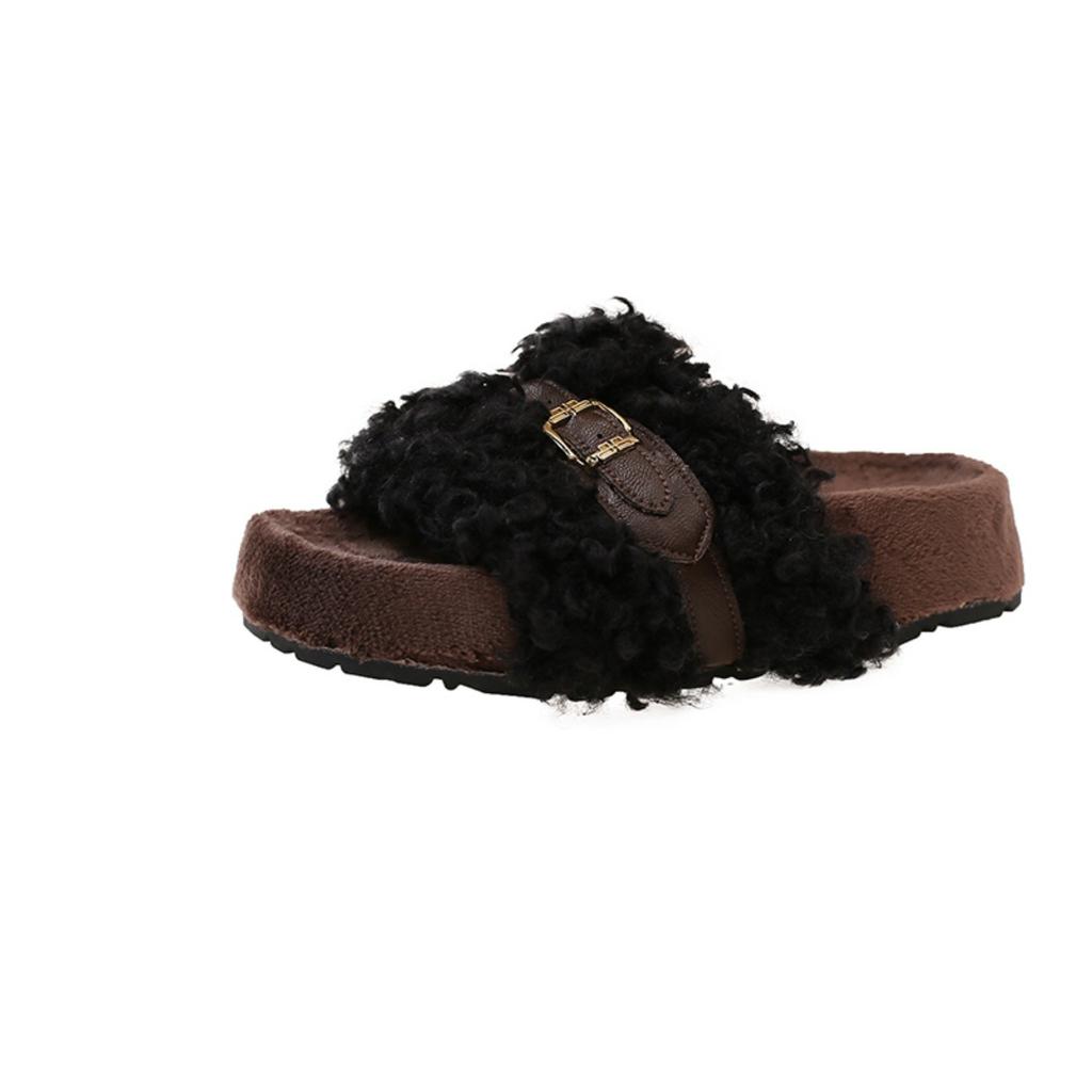 Korean version of thick-soled fluffy slippers for women to wear 2025 autumn and winter new Korean version of comfortable slippers one-word cotton tow