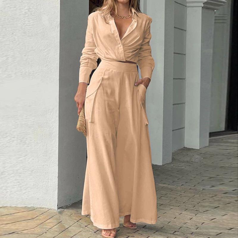 2026 Womens Solid Color Loose Wide Leg Pants Set Casual Elegant Office Wear Long Sleeve Cardigan Outfit