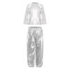 Kids Girls Dance Performance Outfit 2-Piece Set: Metallic Shiny Long Sleeve T-shirt & Matching Shiny Pants for Stage & Party