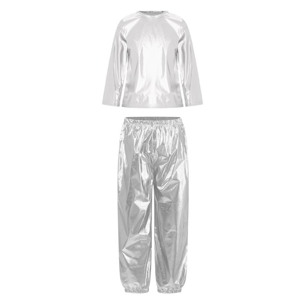 Kids Girls Dance Performance Outfit 2-Piece Set: Metallic Shiny Long Sleeve T-shirt & Matching Shiny Pants for Stage & Party