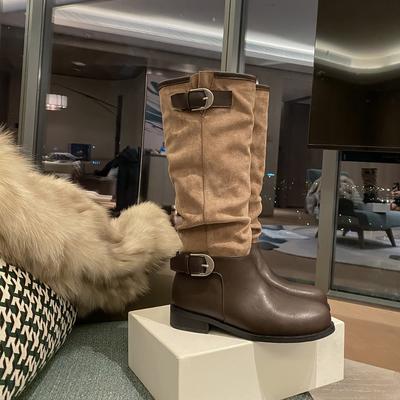 The Same Style As the Blue Cabinet~ Inner Height Increase Fashionable Buckle with Round Head Splicing Thick Heel Knight Boots Long Boots Women's Pil