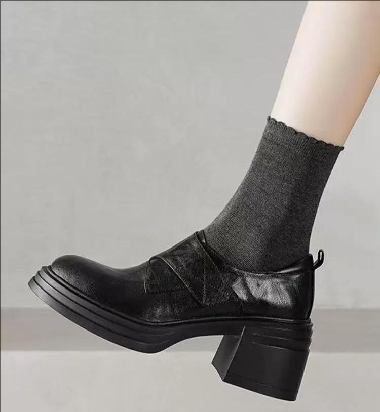 Sheepskin Version~ Retro Leather Velcro Thick Heel Small Leather Shoes Women's 2025 New High-heeled Loafers Round Head Single Shoes