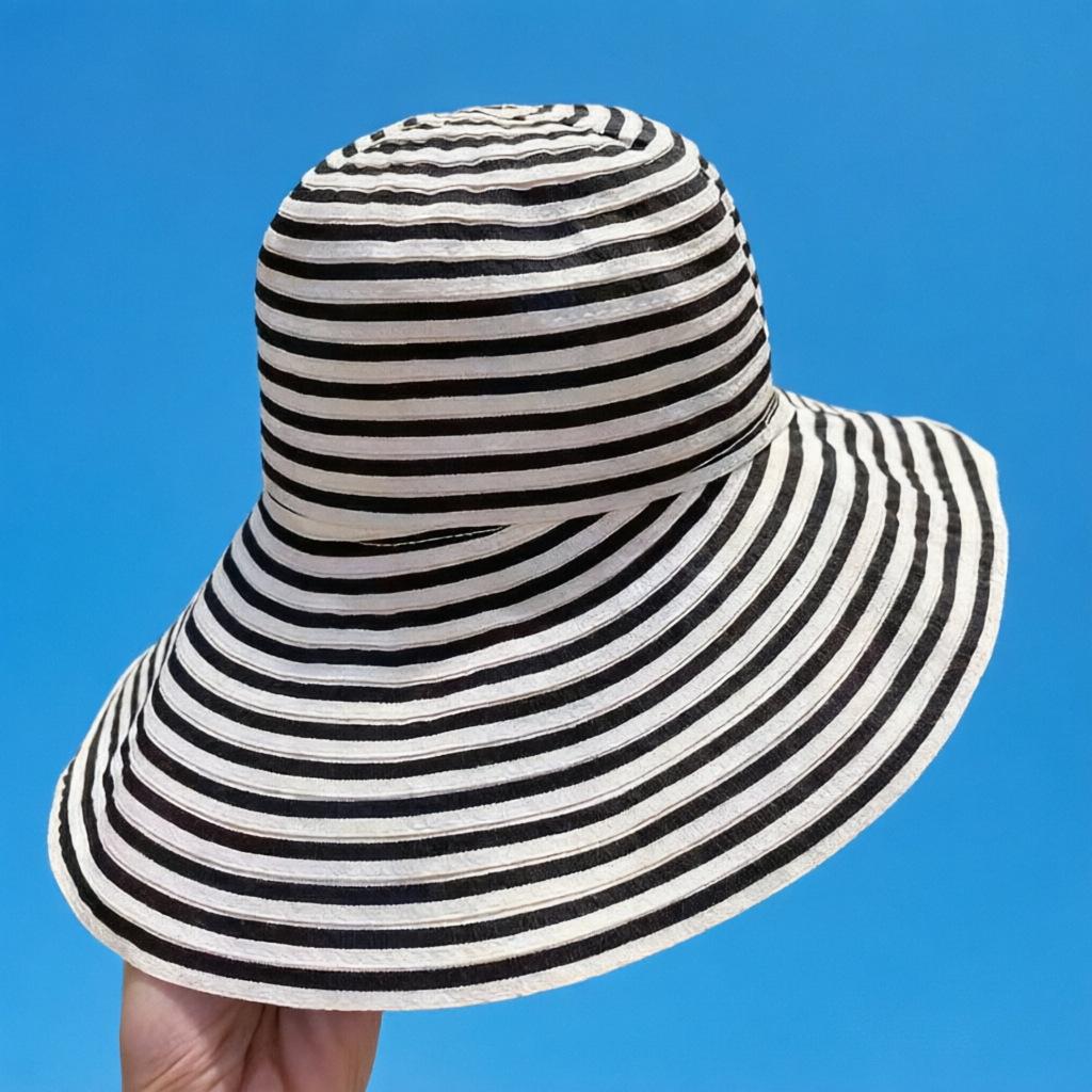 Women's Japanese-Style Striped Fisherman Bucket Hat - Foldable, Long Sun Protection for Large Head Circumference