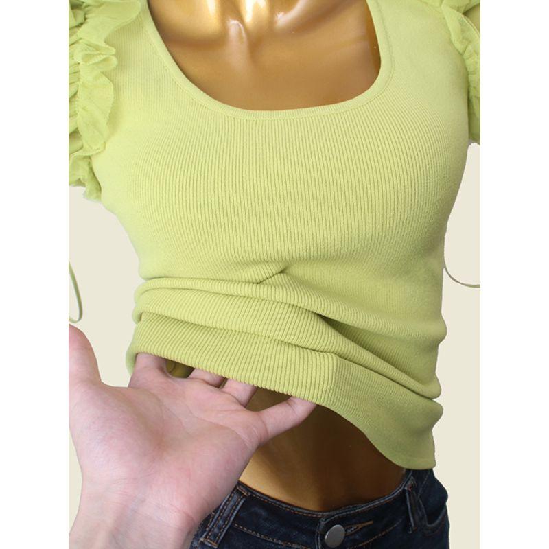 French Sweet Stylish Square Collar Short Sleeve Knitwear Organza Patchwork Sexy Fashion Texture Vest Tops