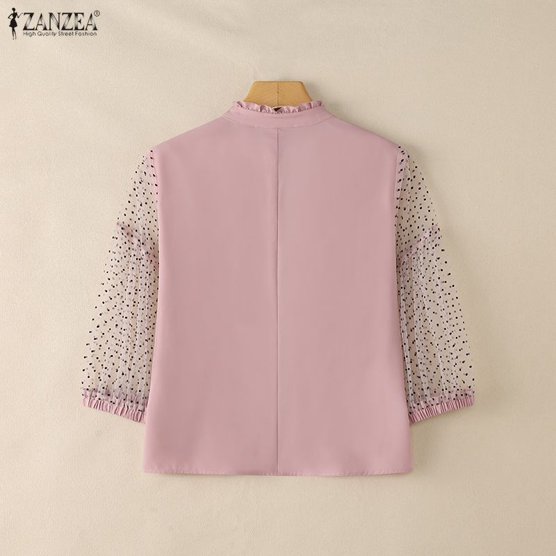 ZANZEA Damen durchsichtiges Netz-Patchwork 3/4-Ärmel Freizeitbluse