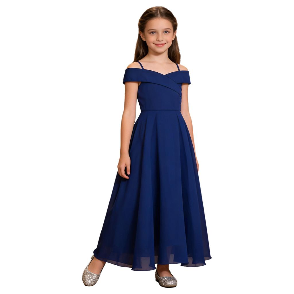 Girls Elegant Chiffon Party Dress Off the Shoulder Spaghetti Strap Adjustable A-Line Floor Length Gown