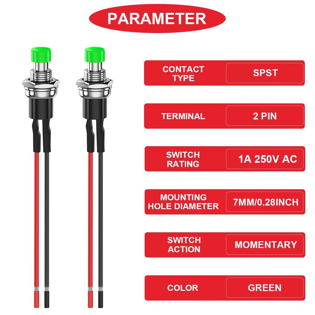 MKBKLLJY 15pcs 7mm Green Momentary Push Button Switch 1A 110V 220V 250V AC