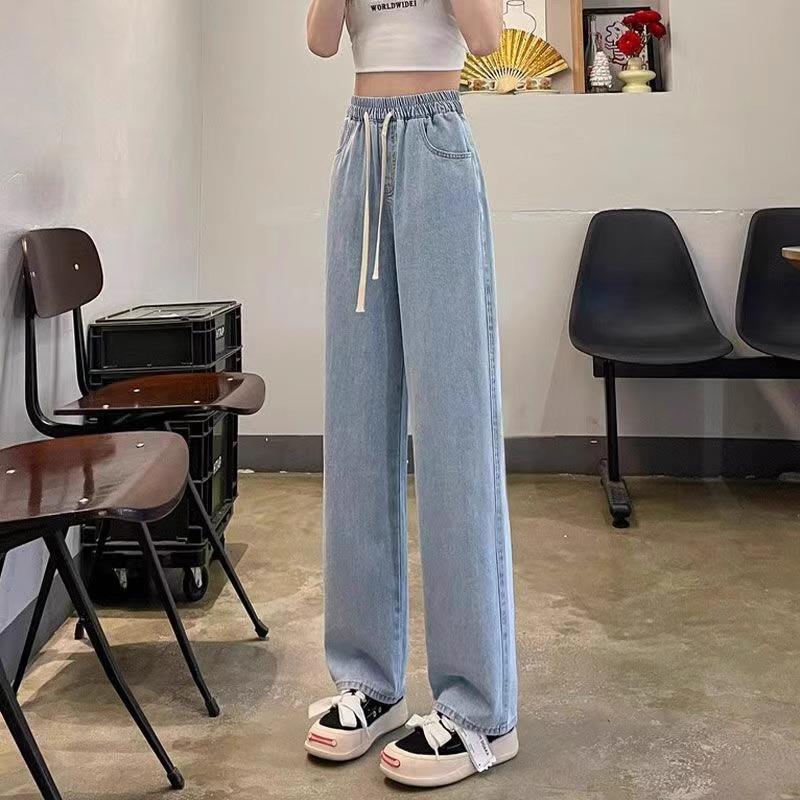 Women Elastic Drawstring Waist Straight Jeans Loose Wide Leg Denim Pants Casual Light Washed Long Trousers
