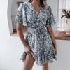 Summer Women's Skirt Printed Chiffon Sexy Dresses Casual Floral V-neck Mid-length Dress