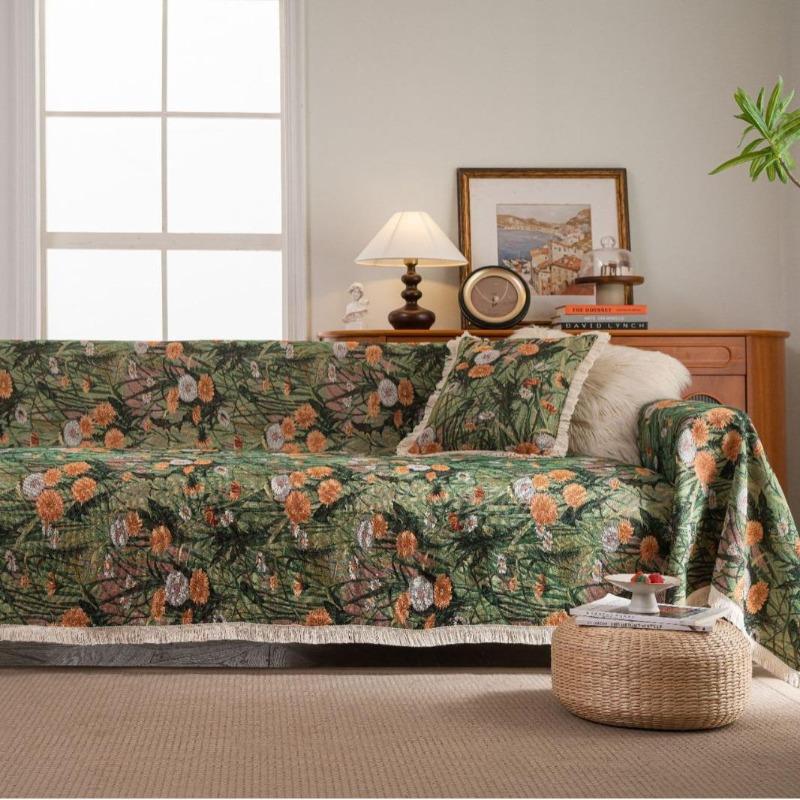 Exquisite sofa towel anti-cat scratch jacquard flower bird green retro festive festival thick sofa blanket