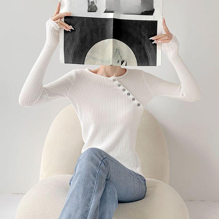 

Асимметричная диагональная застежка на пуговицы, круглый вырез, вязаный женский короткий топ с длинным рукавом для базового слоя XL белый