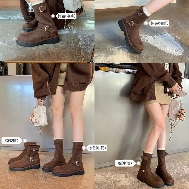 Retro locomotive boots buckle new round head low tube thick-soled boots heightening short boots autumn and winter women