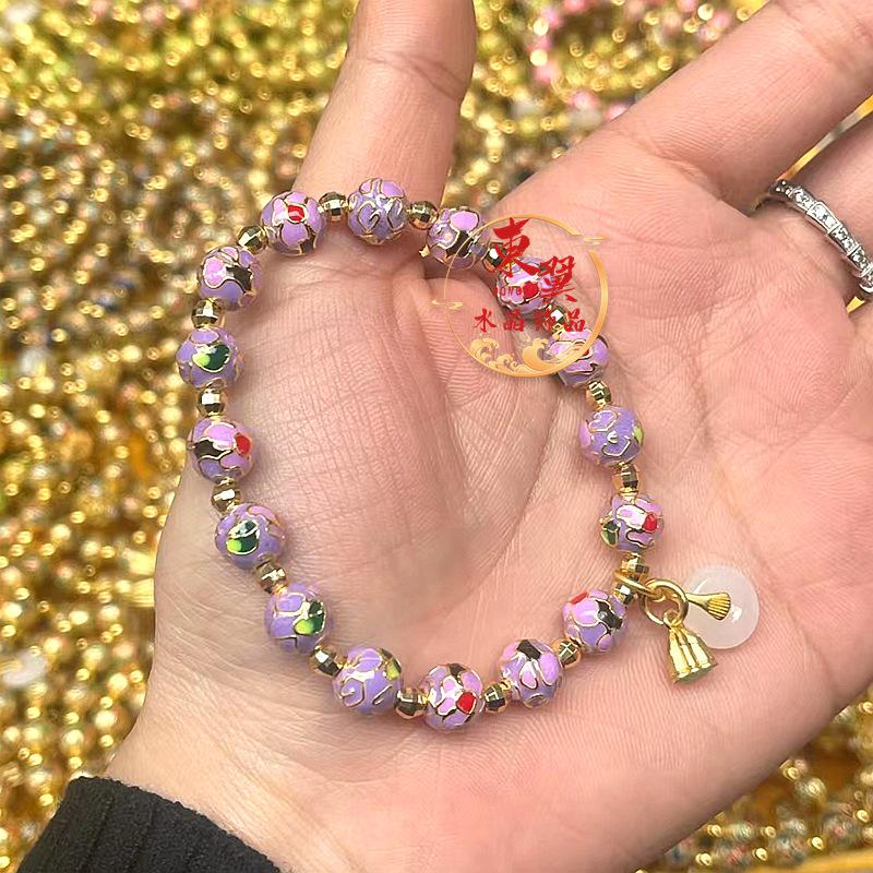 Purple Cloisonné Temple Style Lucky Bead Women s Bracelet with Gold Foil and Porcelain Glaze