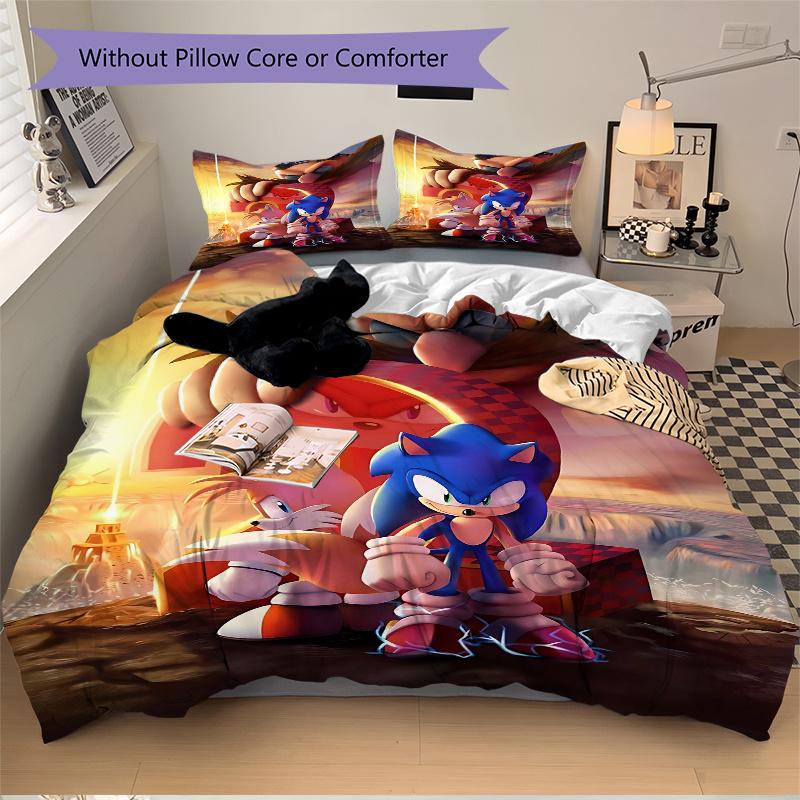3pcs Dynamic Trio in Action Sonic Tails and Knuckles Printed Duvet Cover Set (1 * Cover+2 * Pillowcase, Without Core), Suitable for Home Bedroom,