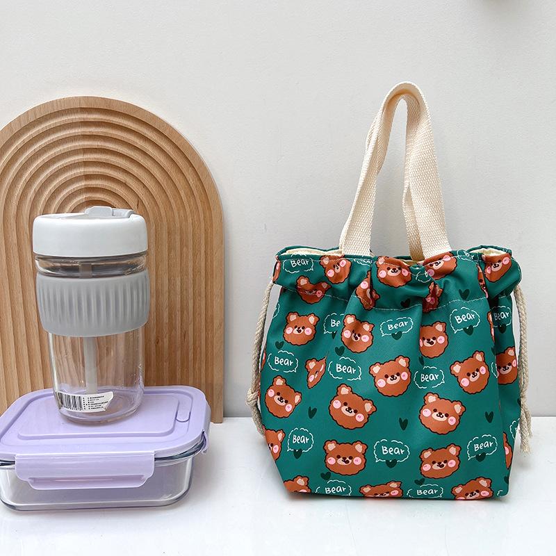 Cartoon Portable Lunch Drawstring Bag Student Kids Bento Pouch Dinner Box Women Work Canvas Food Tote For Travel Picnic