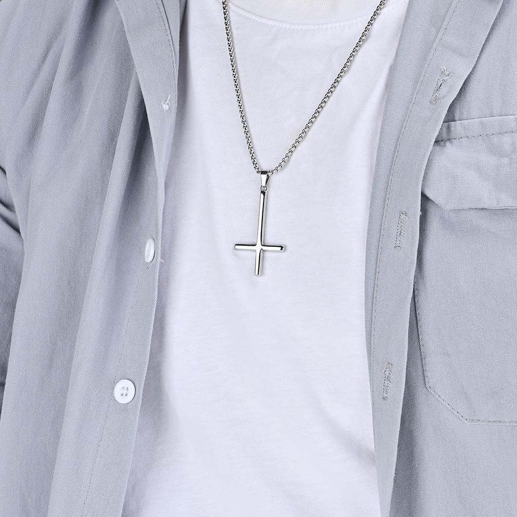 European and American Style Titanium Steel Reverse Cross Necklace St Peters Inverted Simple Cross