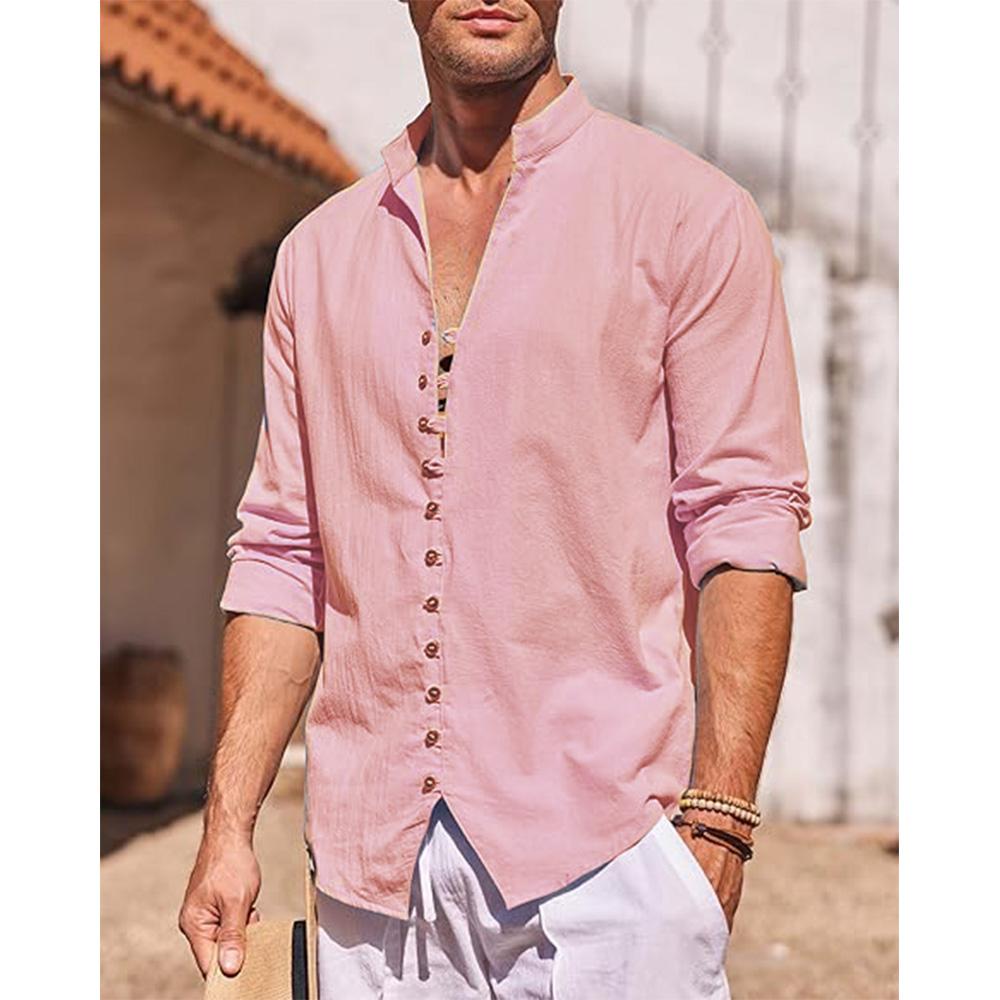 Men's Cotton Linen Shirt Men  Long Sleeve Beach Shirt Summer Casual Solid Color Henry Collar