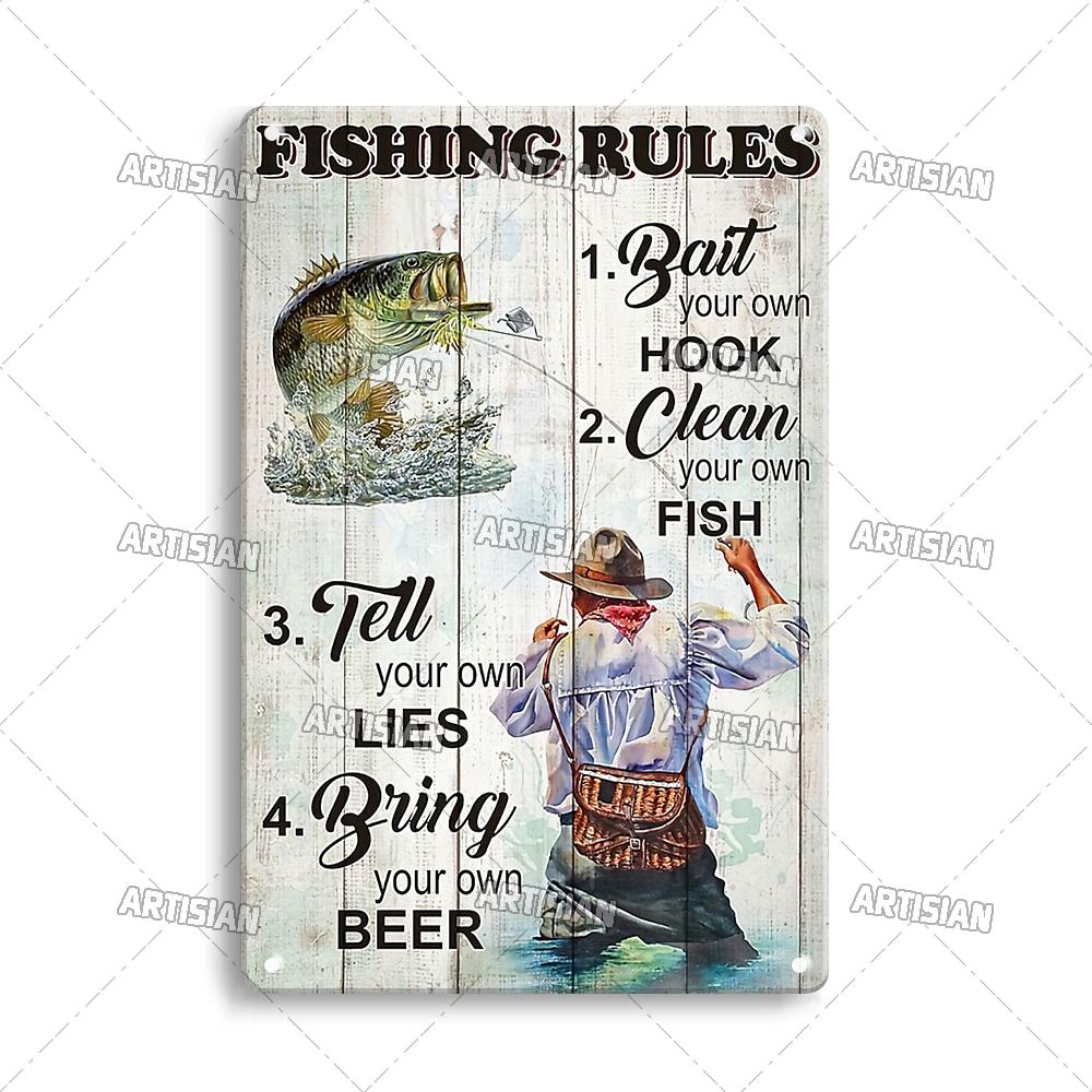 Artisian Fishing Metall-Poster, Sport, Weißblech, Köder, dekoratives Schild, Wanddekoration, Garage, Bar, Pub, Club, Hotel, Café, Küche, Zuhause