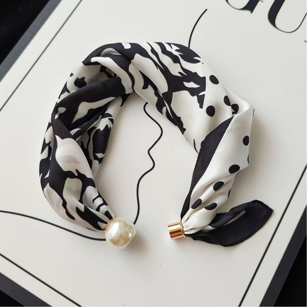 Black White Stripe Polka Dot Scarf Flower Printed Silk Scarf Pearl Magnetic Buckle Scarf  Outdoor