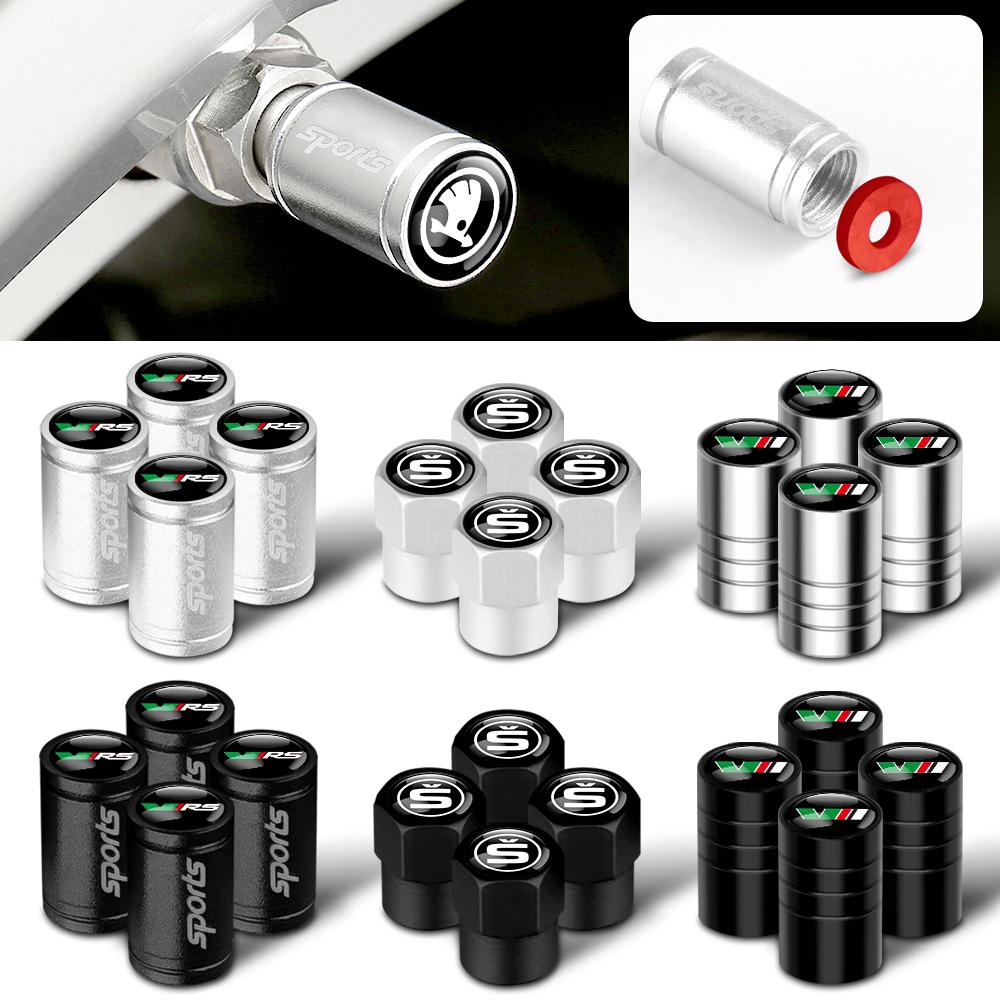 AFN1 4Pcs Car Accessories Metal Badge Wheel Tire Valve Tyre Stem Caps For Skoda S Octavia Rapid Fabia VII Superb VRS KAMIQ Roomster