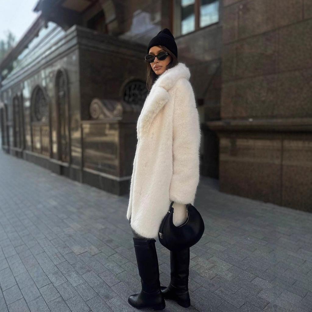 VAYLA Faux Fox Fur Coats Women Solid Fur Jackets Mid Length Button Lapel Collar Long Sleeves Thick Loose Fit Casual Autumn Winter