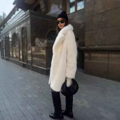 VAYLA Faux Fox Fur Coats Women Solid Fur Jackets Mid Length Button Lapel Collar Long Sleeves Thick Loose Fit Casual  Autumn Winter