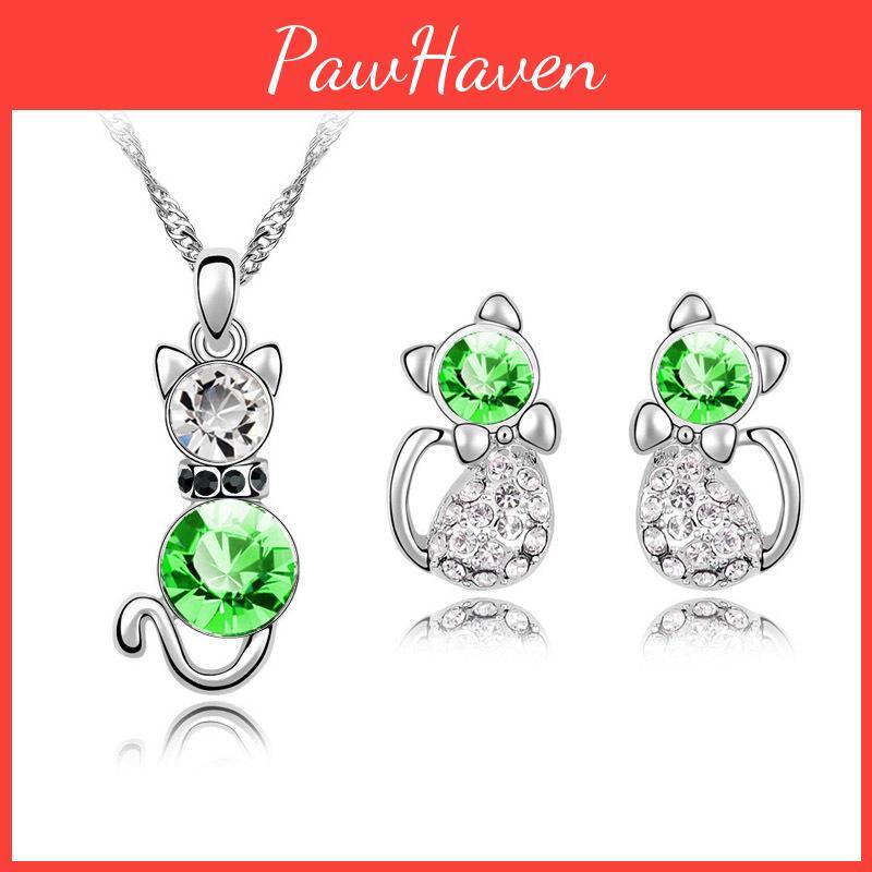 Crystal Cat 3pcs Shaped Necklace Earrings Jewelry Set  Gift Teen Girls For Women