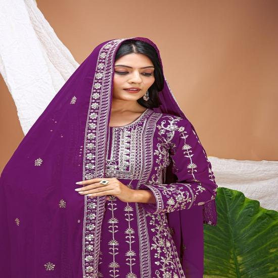 **Elegant Purple Georgette Embroidered Straight Kurta Pant Set with Dupatta**