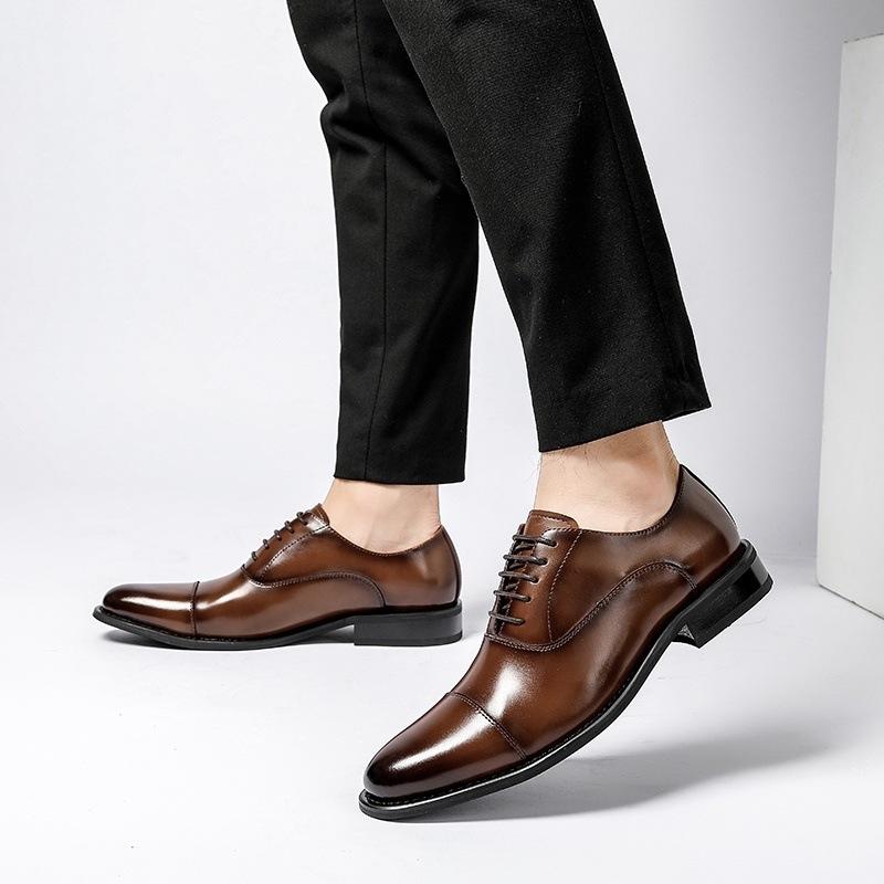 Three-joint Suit Men's Shoes Business Dress Leather Shoes Men's Pointed Oxford Shoes Leather Brown British Inner Height-increasing Shoes