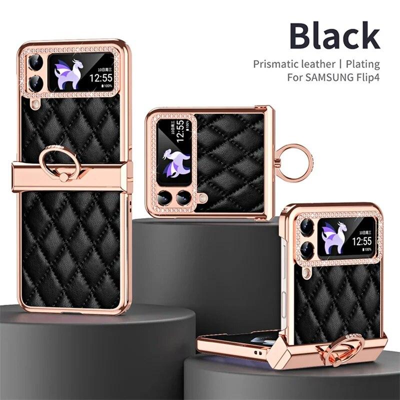 Ring Holder Hinge Protection Leather Case for Samsung Galaxy Z Flip 5 4 3 5G Small Fragrant Wind Shockproof Cover