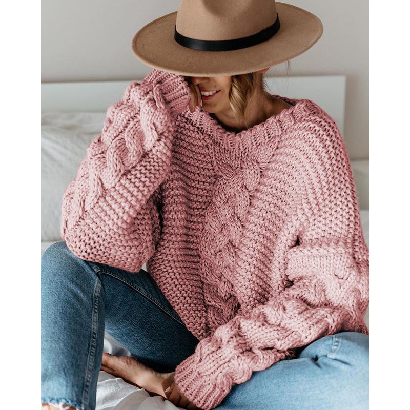 Women's Autumn Winter Loose Knitted Casual Sweater V-Neck Twist Pure Color Comfortable Plus Size Sweater