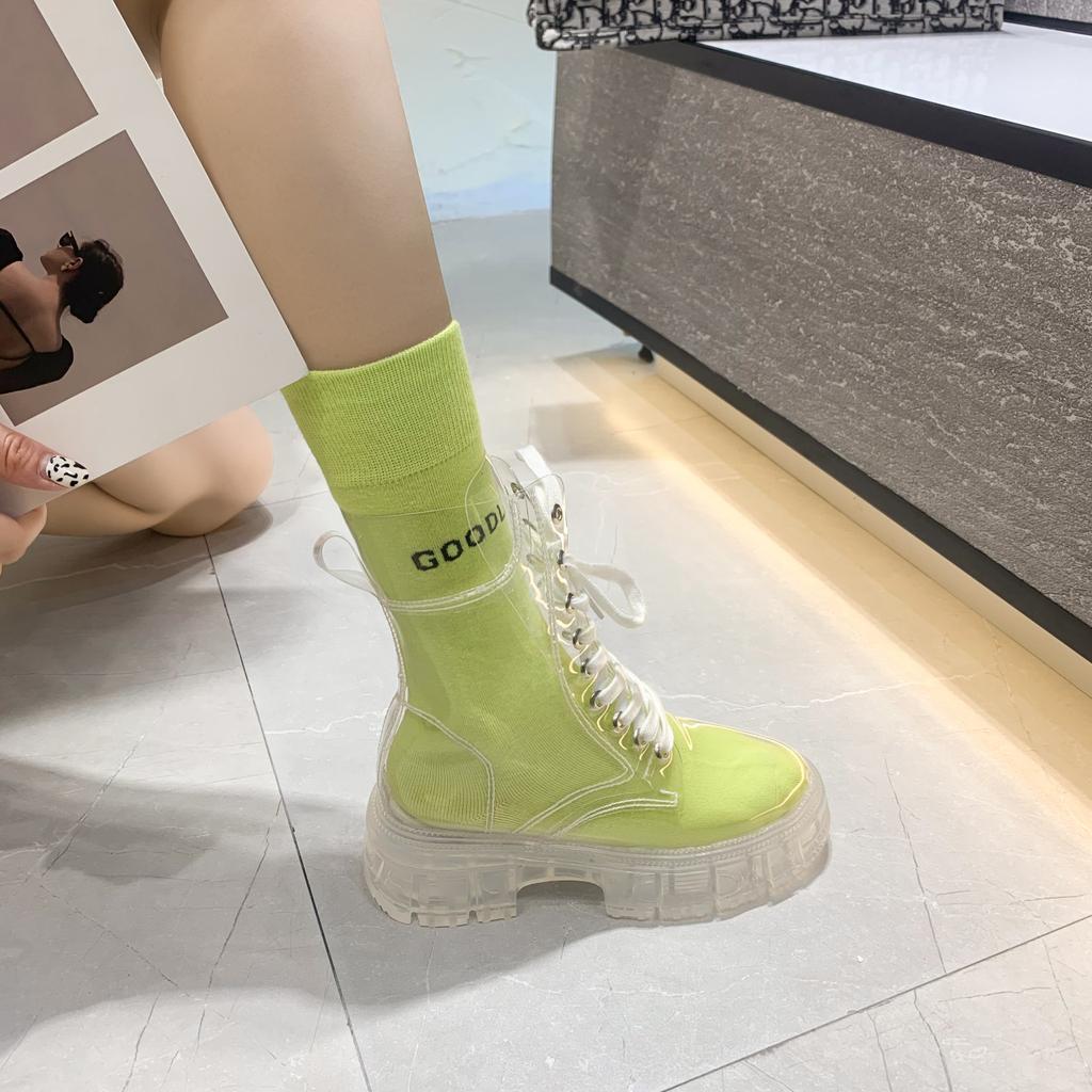 Fashion Women's transparent boots with round toe, thick sole, front lace-up, mid-calf, large size, with jelly socks