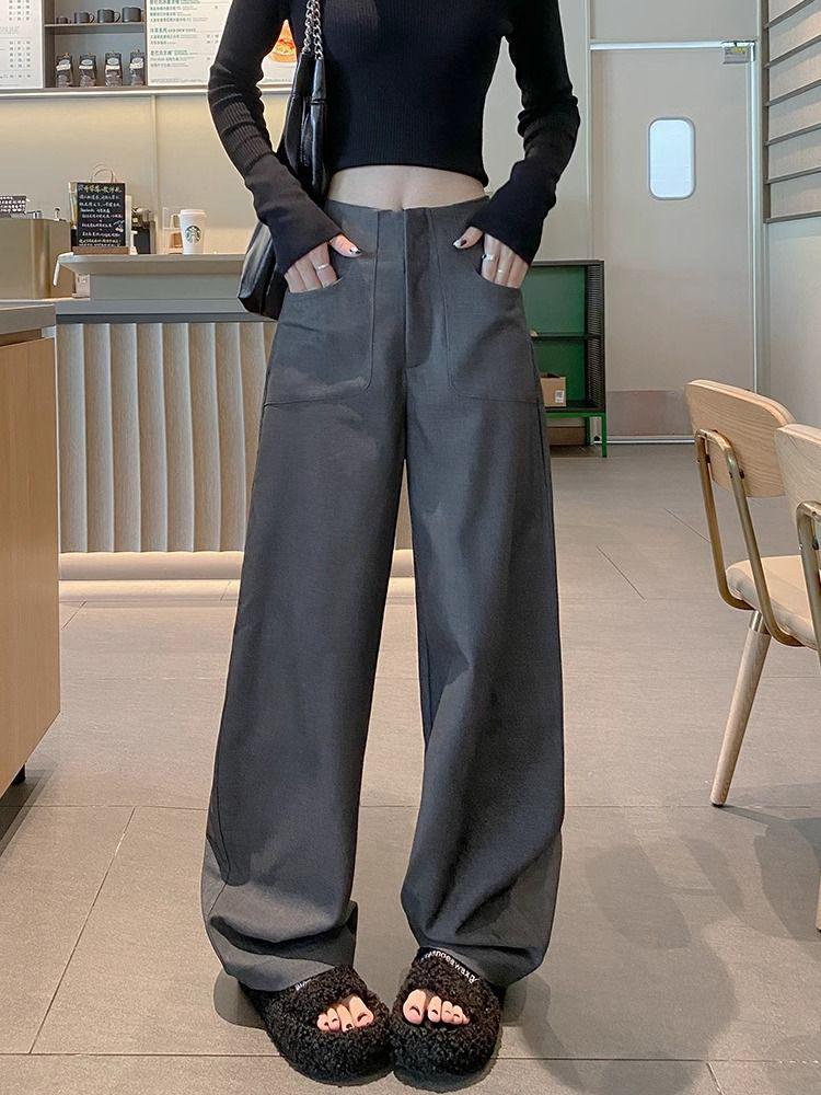 Gray High-Waisted Wide-Leg Suit Pants for Women - Autumn/Winter Casual Drapey Slimming Floor-Length Pants