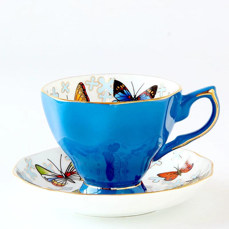 Vintage Butterfly Bone China Coffee Cup Saucer Set, Colorful Ceramic Tea Cup with Gold Rim, Elegant Porcelain Latte Mug for Afternoon Tea Home Decor
