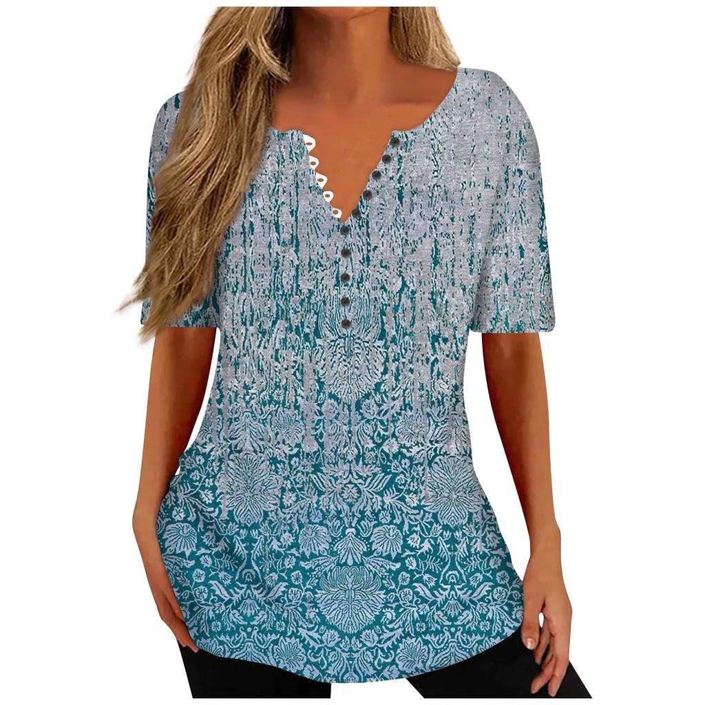 Women's Shirt Blouse Button Vintage Gradient Print Short Sleeve Casual Basic Top Pullover