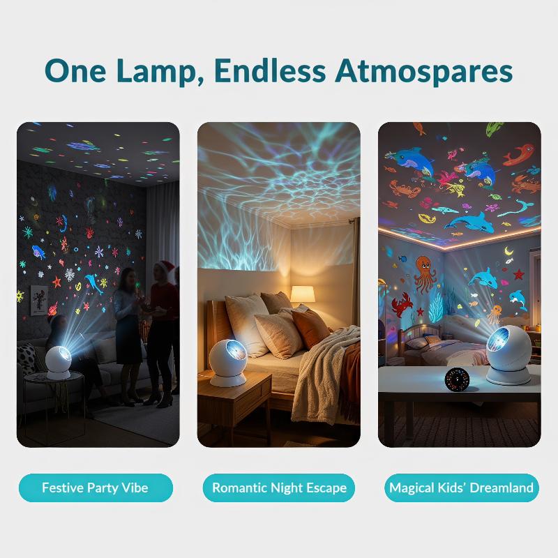 LED Ocean Projector Night Light 360° Rotating Dynamic Ambient Lamp Wide Coverage for Large Room Party Decor