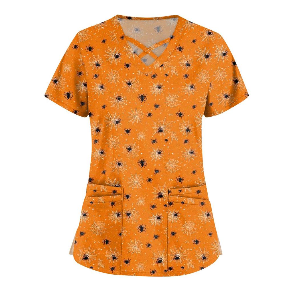 Dámská móda Křížový V výstřih Krátký rukáv Kombinézy Dvojité kapsy Halloweenské Potištěné Topy Uniformy