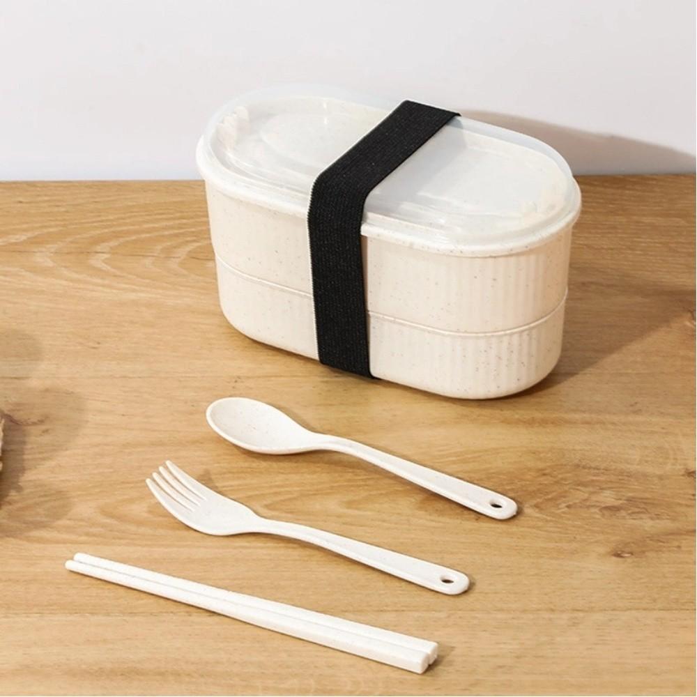 Portable Double Layer Lunch Box with Fork and Spoon Microwave Food Storage Boxes Leakproof High Capacity Dinnerware Set